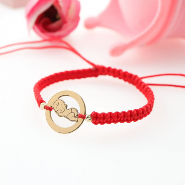 Bratara cu snur + disc cu bebelus din aur 14k + bile