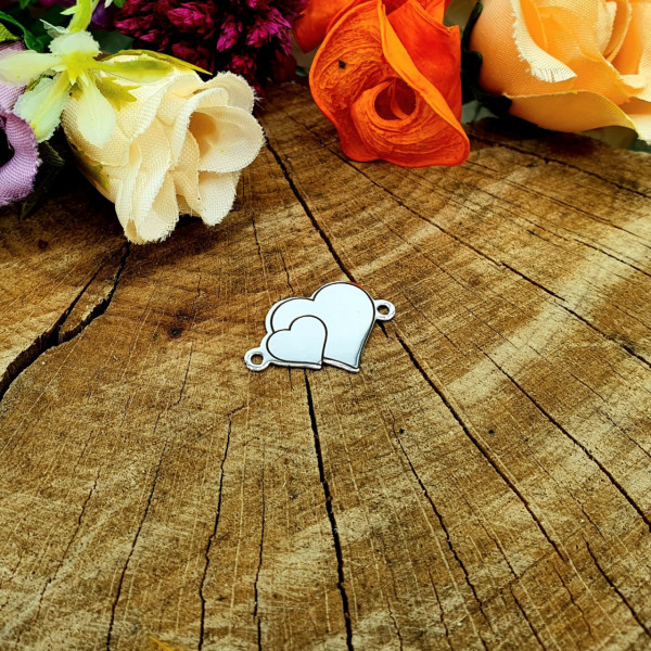 Link din argint - pentru bratara - inimioare duble 1.8x1.2cm