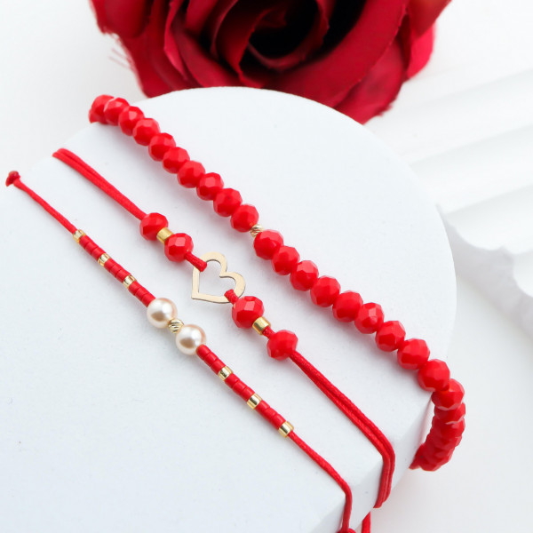 Set PROMO 3 bratari cu snur & cristale + bilute si inimioara contur din aur 14k