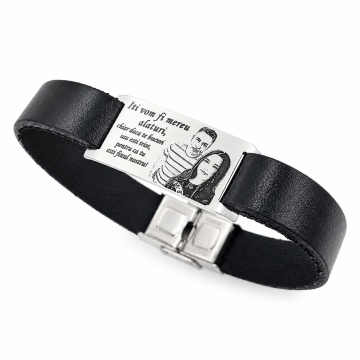 Bratara din piele naturala cu placuta din argint 925 personalizata prin fotogravura/ text ( Inchizatoare din inox )