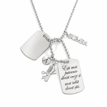 Colier tip Army din argint cu placute personalizabile, nume si charm-uri