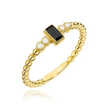 Inel Aur 14K Cu Biluțe și Piatră Neagră - Eleganță Subtilă