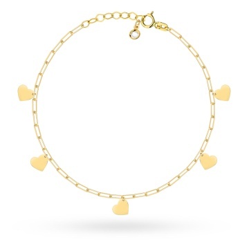 Brățară de Gleznă Aur 14K cu Zale Lungi și Inimioare Pendulare
