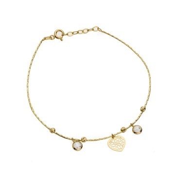 Brățară Elegantă cu Inimă Ajurată, Pietre în Montură de Aur și Bile Diamantate
