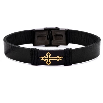Brățară Protection Cross din AUR 14K și Piele Naturală
