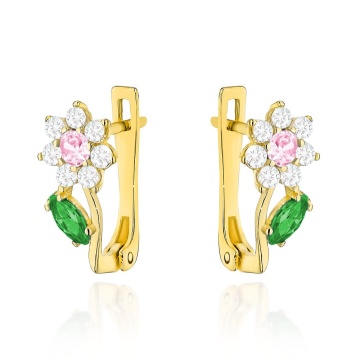 Cercei Floricele Delicate din Aur 14K cu Cirkonie Roz și Verzi