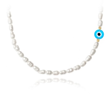Colier The Eye cu perle de cultură tip bob de orez dimensiune 6mm și 2 biluțe din aur 14K