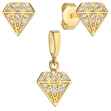 Set Cercei cu Model Diamant + Pandantiv si Cristale- Aur 14k