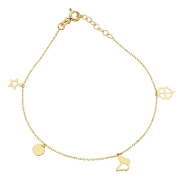 Brățară Aur 14K cu Steluță, Cerc, Fluture și Trifoi