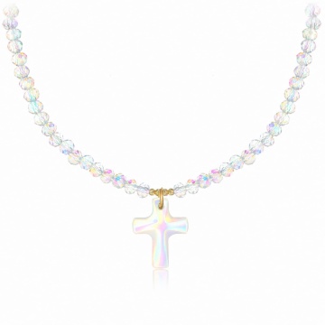 Colier Shiny Cross din AUR 14K și Cristale Iridescente