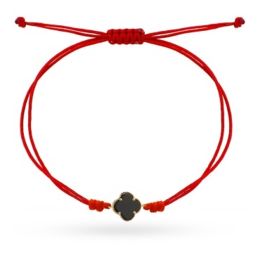 Brățară Aur 14K Trifoi Negru pe Șnur Roșu - Eleganță și Noroc