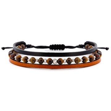 Bratara Trio Leather cu bile din Argint 925, Ochi de Tigu si Piele Naturala