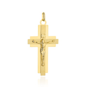 Cruciuliță Aur Galben 14K Satinată cu Contur Lucios și Isus