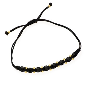 Brățară cu Bile Diamantate și Cub Negru pe Șnur Negru