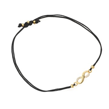 Brățară cu Infinit si Zirconi pe Snur Negru - Aur 14 k