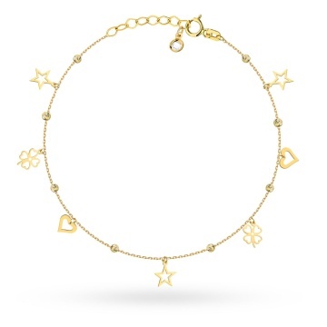 Brățară de Glezna Aur 14K cu Biluțe Diamantate, Stele, Inimi și Trifoi