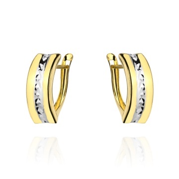 Cercei Aur 14K Bicolor, Design Rectangular, Diamantat