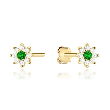 Cercei Aur 14K Model Floare cu Piatră Verde și Zirconii