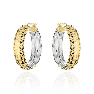 Cercei Aur 14K Rotunzi Diamantați Cu Bară Lată - Două Culori