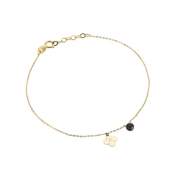 Bratara Lant cu Floare si Piatra Neagra- Aur 14k