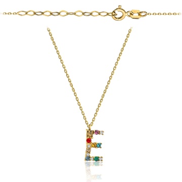Colier cu Litera E si Pietre Multicolore- Aur 14k