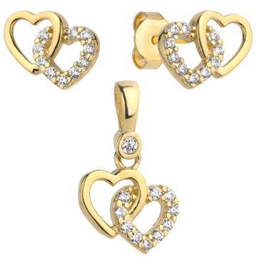 Set Cercei cu Inimioare Intrepatrunse + Pandantiv si Cristale- Aur 14k