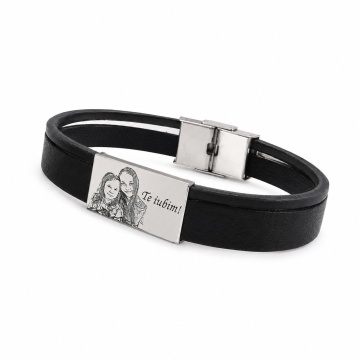 Bratara din piele naturala cu placuta din argint 925 personalizata prin fotogravura/ text ( Inchizatoare din inox )