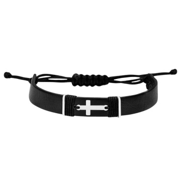 Brățară White Cross din AUR ALB 14K si Piele Naturală