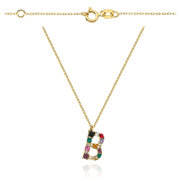 Colier cu Litera B si Cristale Multicolore- Aur 14k
