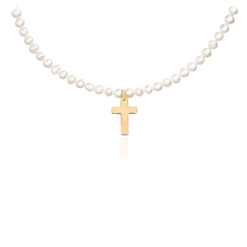 Colier Mini Pearl Cross cu Perle de Cultura și AUR 14K