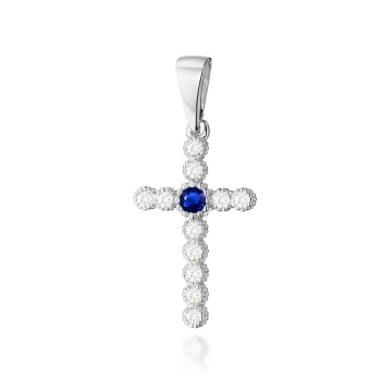 Pandantiv Cruce Aur 14K cu Safir 0.15 ct si Diamante Naturale
