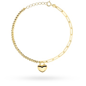 Brățară Aur 14K Cu Zale Lungi, Biluțe Diamantate și Inimă Netedă
