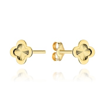 Cercei Aur 14K Model Trifoi Diantat cu Montură Netedă pe Tijă