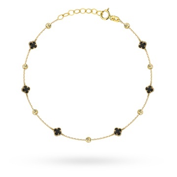 Brățară Aur 14K cu Trifoi Negru și Biluțe Diamantate