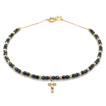 Brățară cu Bile de Aur 14K Diamantate, Hematit și Pandantiv Cruce