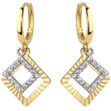 Cercei Aur 14K cu Două Pătrate, Unul Diamantat și Unul cu Zirconii, Model Creol