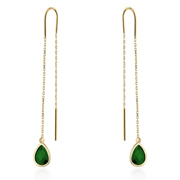 Cercei Aur 14K Model Lacrimă cu Piatră Verde și Bilă Diamantată