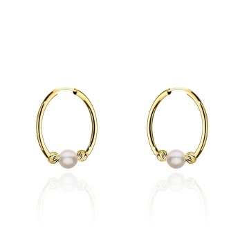 Cercei Aur 14K Tip Creol Cu Perlă Naturală Și Bile Diamantate