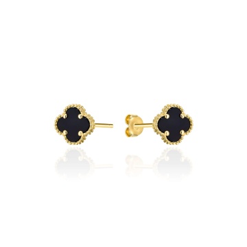 Cercei Eleganți Aur 14K Motiv Trifoi Negru 4mm