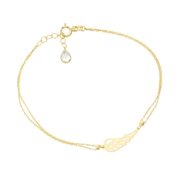 Brățară Aur 14K Aripă de Înger, Două Bile Diamantate pe Lanț Dublu