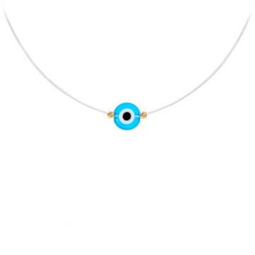 Colier cu fir transparent, ochi de deochi si bilute din AUR 14K