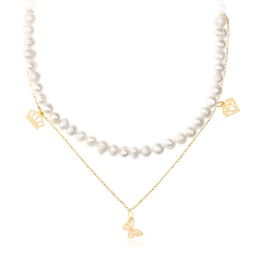 Colier Dublu Crown cu perle de cultura si elemente din aur 14k