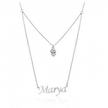 Colier dublu din argint 925 personalizat cu nume si pandantiv copii + cristal