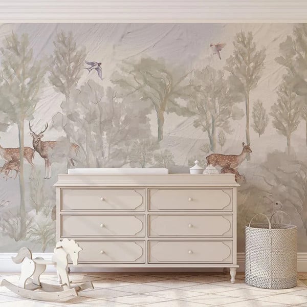Foggy forest faun in color Behang