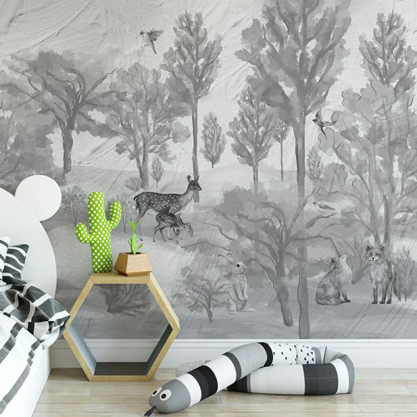 Foggy forest faun in grey Behang - Img 3