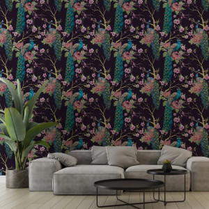 Papier peint Floral Noble Dark Purple Pea Fowl – VLAdiLA