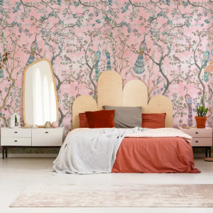Peacock Chinoiserie in Rosa Carta da parati