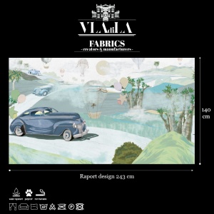Retro cars (blue) Текстилен материал - Img 2