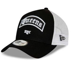 New Era, Sapca de bumbac cu logo cu segmente de plasa Queens, Negru/Alb