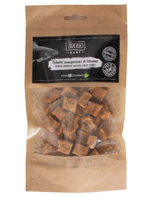 M-PIU151 Farm Company Recompense Caini - Piu Buono Salmon Meat Cubes Monoprotein 70g